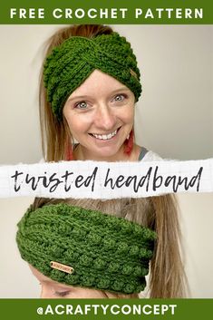 a woman wearing a green headband with the words twisted headband on it