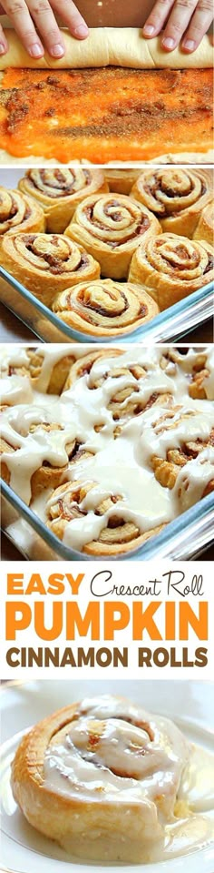 pumpkin cinnamon rolls with cream cheese frosting on top and in the background, there is a person making them