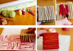 four pictures showing different ways to make yarn wrapped boxes and knitting needles on the table