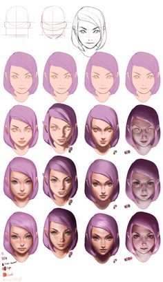 a bunch of different facial expressions on a woman's face and head, all in purple