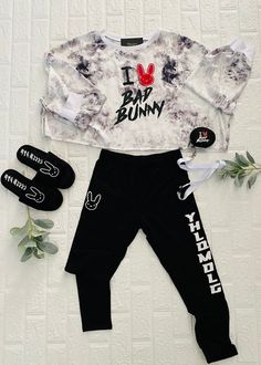 FOR MORE BAD BUNNY ITEMS FOLLOW THE LINK BELOW https://www.etsy.com/shop/5pointproductions?ref=search_shop_redirect 🚨PLEASE READ CAREFULLY Items sold separately **. BAD BUNNY / El Conejo Malo Cropped T-Shirt available in plain white or tye dye. I Love Bad Bunny design. Wear these to the Ultimo Tour Del Mundo Bad Bunny Concert and turn heads Cropped TShirts are oversized for a modern look. Made of 65% Polyester, 30% Cotton, 5% Spandex Leggings are soft and super stretchy. True black and very opa Trendy Spring Leggings For Streetwear, Trendy Spring Streetwear Leggings, Casual Graphic Print Bottoms For Playwear, Spring Loungewear Sets With Letter Print, Spring Letter Print Loungewear Sets, Fun Black Bottoms For Spring, Casual White Leggings For Streetwear, Trendy Long Sleeve Sets With Letter Print, Black Letter Print Sets For Spring