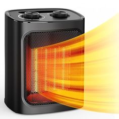 an electric heater with yellow and orange lines coming out of the front, on a white background