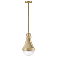 an antique brass finish pendant light with a white glass ball hanging from the bottom and gold metal fittings