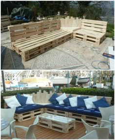 some wooden pallets are stacked on top of each other to create a seating area