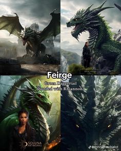 three different pictures of the same character in an action movie, one with a dragon