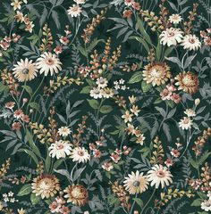 Vintage Floral Peel-and-Stick Wallpaper in Forest Green Green Floral Wallpaper, Floral Peel And Stick Wallpaper, Vintage Floral Wallpapers, White Cottage, Smooth Walls, Leaf Wallpaper, Burke Decor, Green Wallpaper, Wallpaper Roll