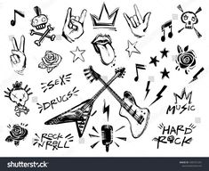 various hand drawn music symbols and signs on a white background, including guitars, microphones,