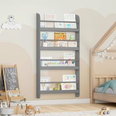 This simple floating bookshelf lets you display all your kiddo's belongings within easy reach. It’s made of engineered wood and finished with top-notch eco-friendly paints and features a sleek, open style with four shelves and gently curved edges; a rail on each shelf holds everything in place, whether you’re displaying books, plants, or favorite toys and stuffed animals. Mack & Milo™ Color: Gray | Mack & Milo™ Albertson 43.7" H X 22.8" W Floating Shelf, Floating Bookcase brown / whiteWood in G… Floating Shelf Kids, Floating Bookcase, Hanging Bookshelf, Hanging Bookshelves, The Mack, Floating Bookshelf, Displaying Books, Youth Furniture, Shelf Floating