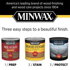 three cans of minwax wood stain are shown in this ad for the furniture store