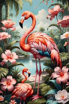 a pink flamingo standing on top of a lush green field next to flowers and palm trees