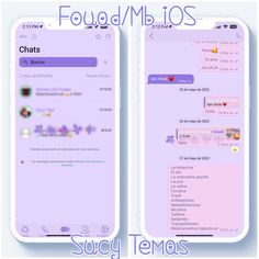 two cell phones with chats on them, one is purple and the other is white