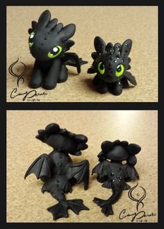 three different pictures of black dragon figurines with green eyes