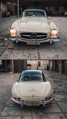 an old car is shown in three different views