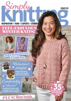 the cover of simply knitting magazine featuring a woman in pink sweater and white pants with her hands on her hips