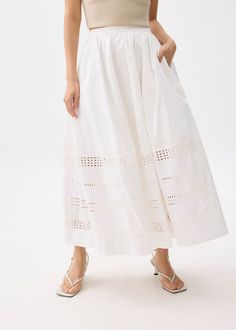 Elastic Broderie Fit & Flare Midaxi Skirt Luxury White Flared Skirt, Affordable White Skirt With Pockets, Jacquard Skirt Flare Ivory, Affordable White Classic Skirt, Midaxi Skirt, Love Bonito, Jumpsuit Skirt, New Launch, Dress Pant