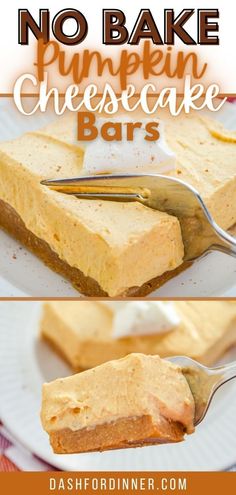 no bake pumpkin cheesecake bars on a white plate with text overlay that reads, no bake pumpkin cheesecake bars