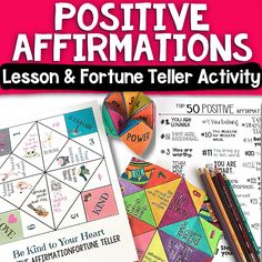 the cover of positive affirmationss lesson and fortune teller activity with pencils