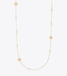 Kira Pearl Delicate Long Necklace: Women's Designer Necklaces | Tory Burch Pearl Long Necklace Designs, Elegant Pearl Necklace With Adjustable Chain For Layering, Classic Layering Pearl Necklace, Elegant Gold Long Necklace With Pearl Chain, Long Pearl Necklace With Delicate Chain, Long Necklace Designs, Tory Burch Necklace, Wishlist 2022, Pearl Long Necklace