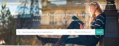 the student housing made easy website is displayed on a computer screen, with an image of a woman sitting on a lamp post