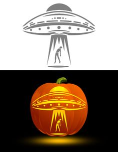 a pumpkin with an alien ship in the middle and a man walking on top of it