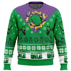 a green and purple sweater with an image of a fist on it