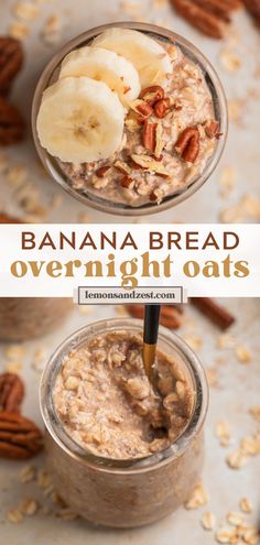 banana bread overnight oatmeal in a glass jar with pecans on the side