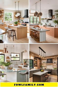 four different views of a kitchen and dining room with wood flooring, counter tops, cabinets, and stools