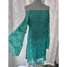 NOS New old stock, no issues, no odor, no snags, pulls or spots. Jody Of CALIFORNIA green lace bell sleeve dress vintage off shoulder hippie XXL. Pullover, very soft lace, bell sleeves can be worn on or off shoulder, fully lined, washable by hand polyester and spandex. 1990's. Chest: 40, waist: 38", hip: 40", length: 38", Spring Off-shoulder Dress With Lace Sleeves, Summer Lace Dress With Bell Sleeves, Summer Lace Dresses With Bell Sleeves, Summer Dresses With Lace Bell Sleeves, Casual Off-shoulder Lace Dress, Green Bell Sleeve Party Dress, Spring Off-shoulder Lace Dress, Spring Green Lace Dress With Lace Trim, Green Lace Summer Dress