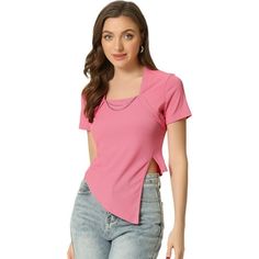 This stylish irregular tee top is made up of several design points: square neck, chain decor front, short sleeve, asymmetrical split hem, cropped. Suit for spring/summer and for many occasions, such as Casual Wear, Weekend, Shopping, Travel, Vacation, Coffee Shop, Office, Work, Picnic, Date, Home, etc. Special design of the shoulder, the simple but timeless top can perfect pair with jeans, pants, skirts, jackets, heels, sandals, or necklace for a casual trendy look. MODEL SHOW: Regular Fit. Wear in size X-Small. Measurement (in inches) International Size----------Chest Girth----------Waist Girth----------Shoulder Width----------Total Length----------Sleeve Length XS------------------------------16.7--------------------14.6--------------------14.5-----------------------16.8----------------- Asymmetrical Crop Top, Cropped Suit, Coffee Shop Office, Black Velvet Dress, Short Sleeve Tunic, Hem Style, Heels Sandals, Knitted Tshirt, Basic Tops