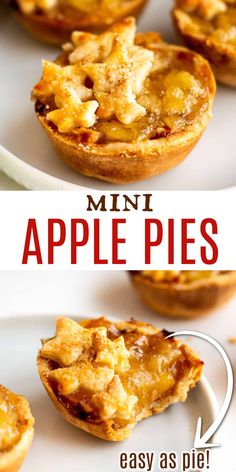 mini apple pies on a white plate with text overlay that says mini apple pies