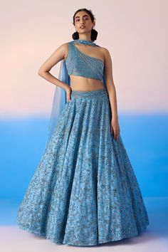 Mint blue lehenga featuring sequin, crystal embellished botanic motifs along with attached can can. Comes with padded blouse and dupatta. - Aza Fashions Traditional Hand Embellished Blue Choli, Blue Hand Embellished Choli With Traditional Drape, Blue Sequined Choli For Reception, Blue Hand Embellished Choli For Reception, Blue Hand Embellished Saree With Traditional Drape, Blue Hand Embellished Choli For Wedding, Blue Hand Embellished Pre-draped Saree For Festive Occasions, Hand Embellished Blue Choli With Traditional Drape, Blue Hand Embellished Traditional Saree