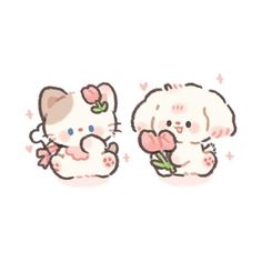 two cute little kittens holding flowers in their paws and one has a flower in it's mouth