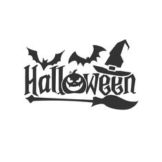 the word halloween is written in black and white with bats flying around it, as well as a witch's hat