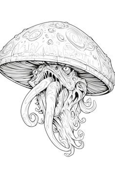 an ink drawing of a jellyfish in black and white with swirls on it's head