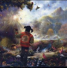 a painting of a man with dreadlocks standing in front of a forest filled with birds