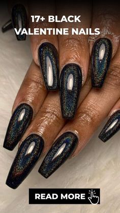 Metallic Black Nails, Valentine Nail Ideas, Dark Gel Nails, Black Chrome Nails, Stiletto Shaped Nails, Gold Chrome Nails, Black Gel Nails, Black Stiletto Nails, Valentine Nail