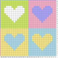 a cross stitch pattern with hearts in different colors and shapes on the same square grid