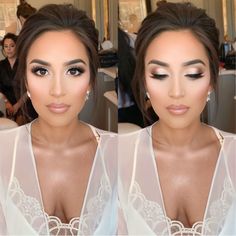 two pictures of a woman with makeup on her face and in the background there is a mirror