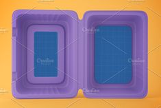 two purple plastic containers with blue handles on an orange and yellow background, one is empty