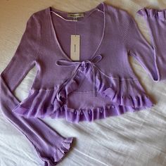 Very Cute Cardigan From Uo! Too Young For Me! Brand New With Tags! Spring Day Out Fitted Sweater, Fitted Sweater For Spring Day Out, Spring Trendy Ruffled Cardigan, Trendy Ruffled Spring Cardigan, Spring Fitted Ruffle Cardigan, Fitted Ruffle Cardigan For Spring, Spring V-neck Ruffled Sweater, Fitted Purple Cotton Sweater, Chic Fitted Purple Cardigan