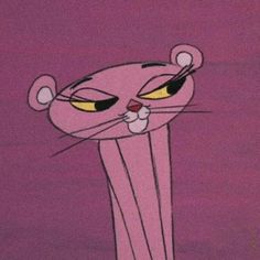 an animated pink cat with yellow eyes and big ears standing in front of a purple background