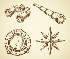 a collection of hand drawn items including binoculars, telescopes and other things to see