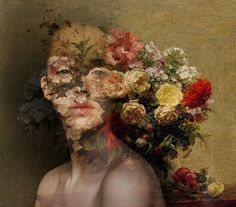 a painting of a woman with flowers in her hair and body, behind it is a vase full of roses