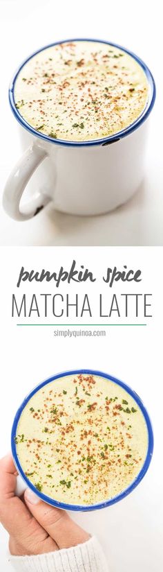 pumpkin spice matcha latte recipe in a white bowl with blue rim and sprinkles