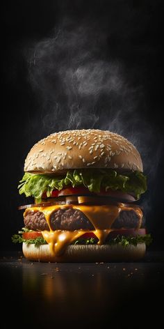 a hamburger with cheese, lettuce and tomato on it is shown in front of a black background