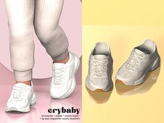 two pairs of white shoes are next to each other on a pink and yellow background