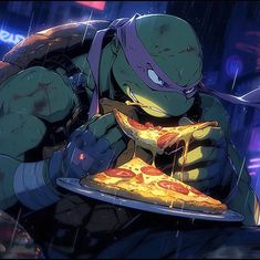 teenage mutant ninja eating pizza in the rain