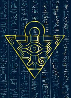 an image of egyptian writing on a blue background with gold and black lines in the center