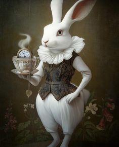 a painting of a white rabbit holding a clock