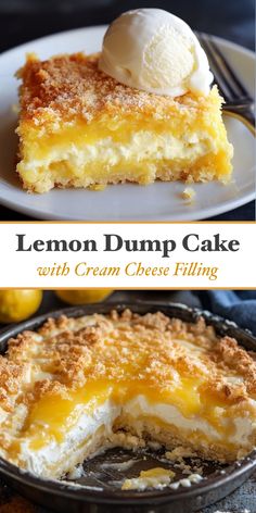 lemon dump cake with cream cheese filling in a pie pan and on a white plate